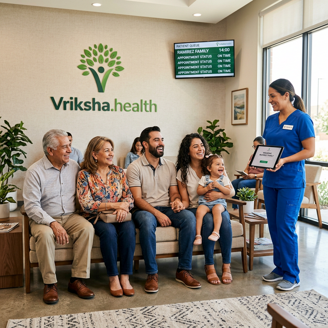 Happy family in a modern Vriksha.health clinic waiting area with digital check-in