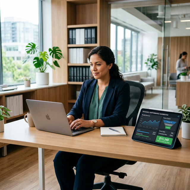 Financial administrator reviewing Vriksha.Health Revenue Cycle dashboard